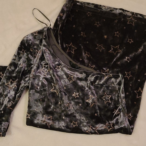 Topshop Size 2 Velvet Holiday Glitter Star Green Off Shoulder Dress - Picture 9 of 10